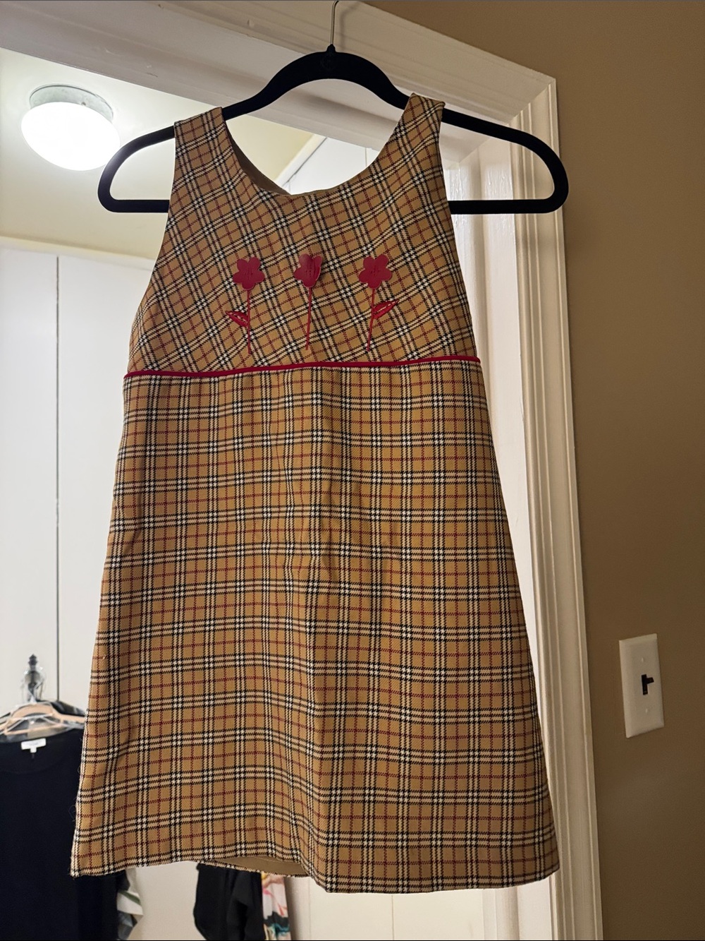 Luli & Me Tan Plaid Dress with Pink Flower Appliqués